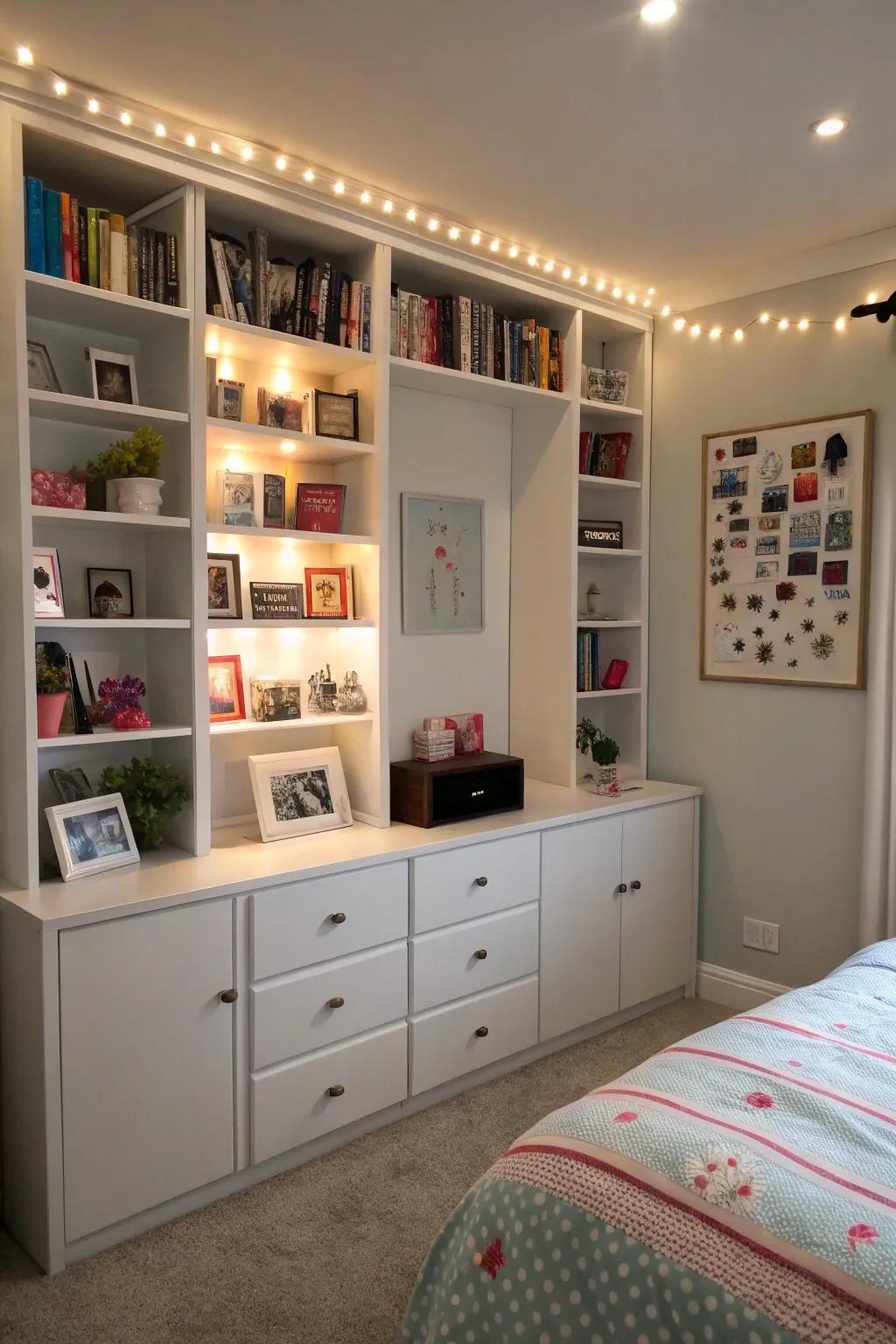 Creative shelving in a teen room for storage and style.