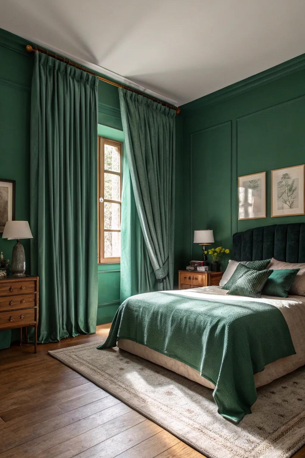 A bedroom with jade green drapes and dark green walls offering elegance and intimacy.