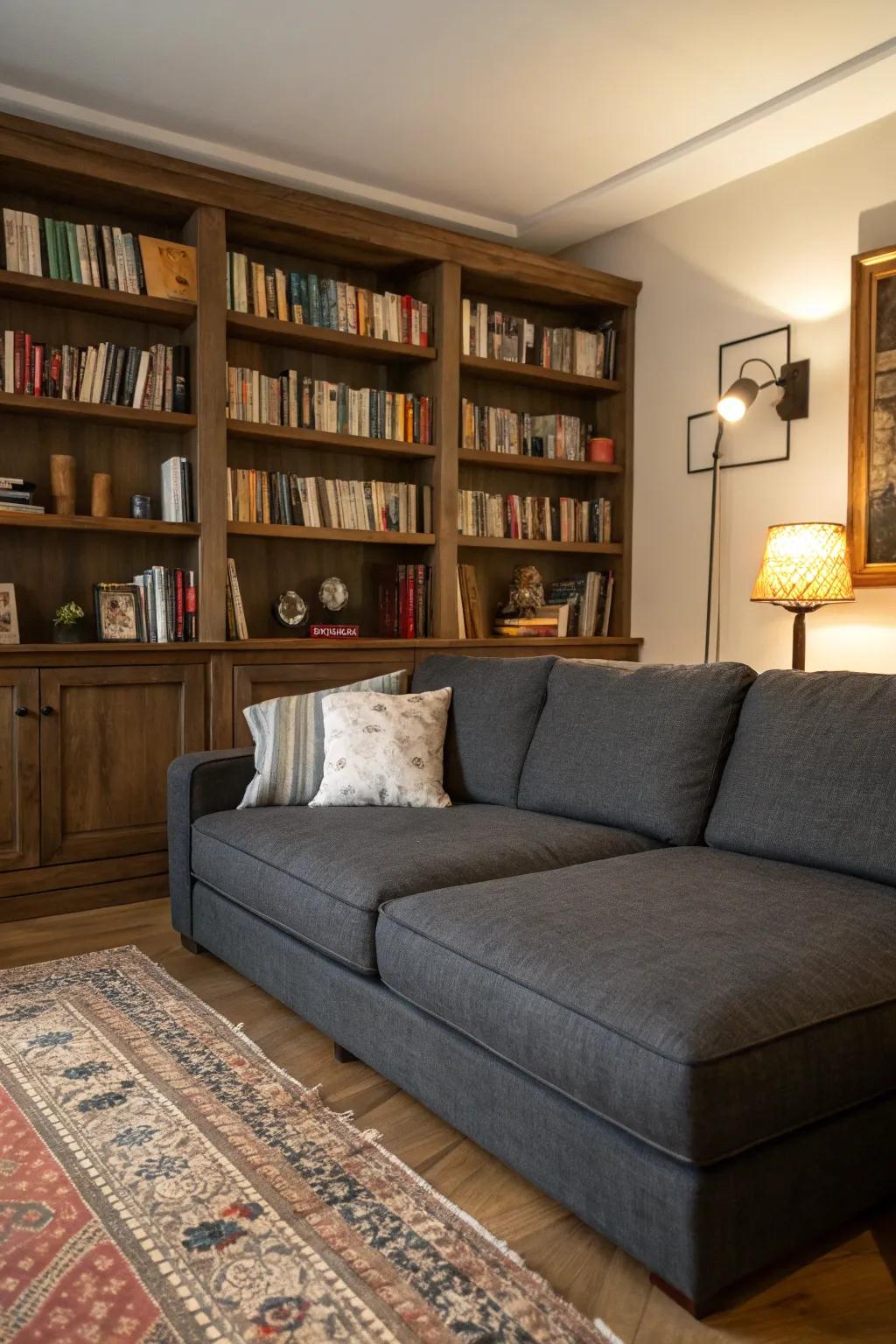 Bookshelves as backdrops create a cozy library feel.