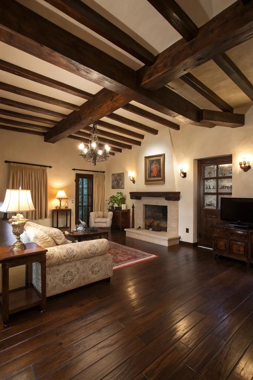 Matching beams and flooring for a cohesive design.