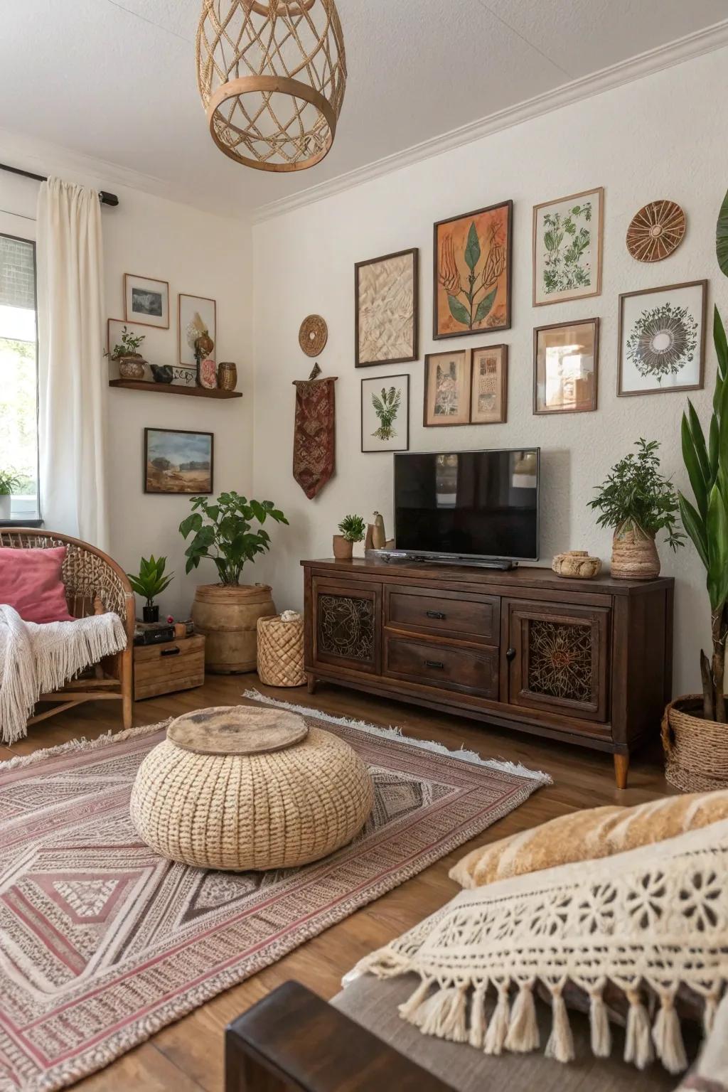 Bohemian elements introduce a relaxed feel to dark wood rooms.