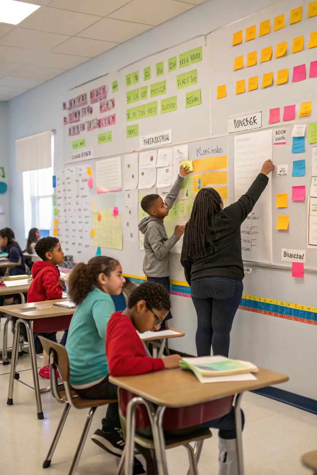 Students contribute to the design and content of the data wall.