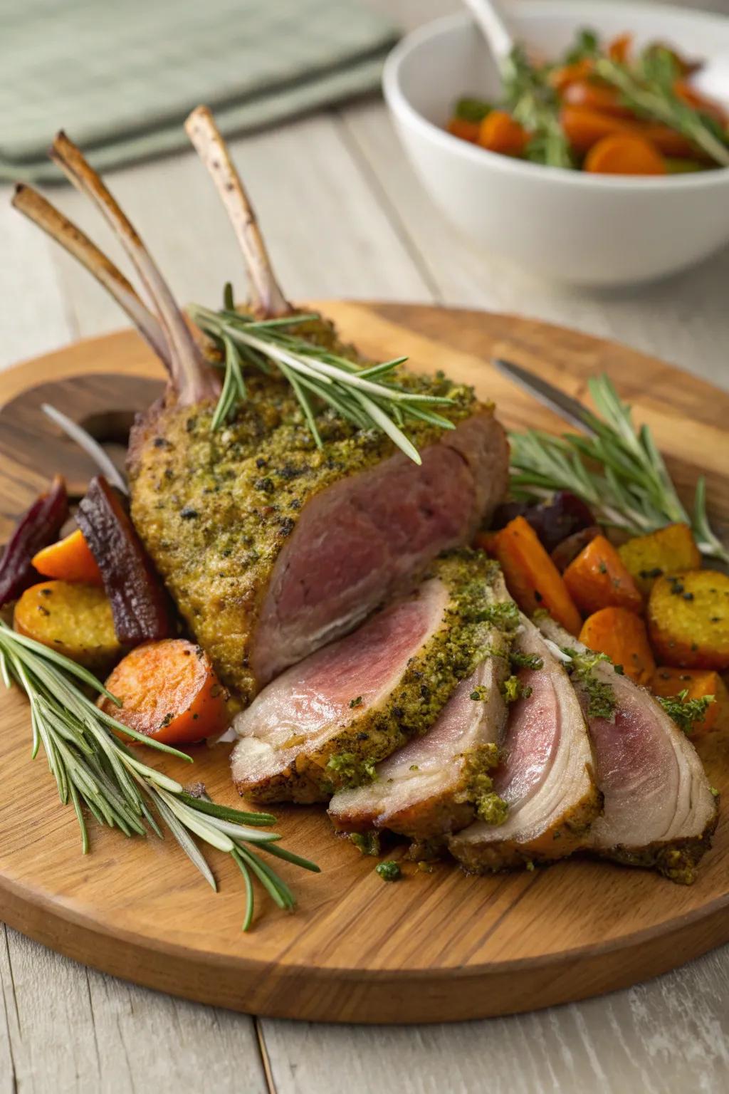 Herb-crusted rack of lamb, an elegant choice for a festive December dinner.