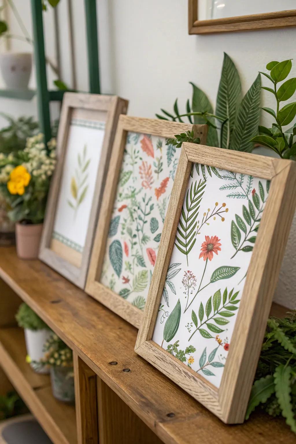 Botanical prints in frames infuse spaces with a refreshing natural touch.