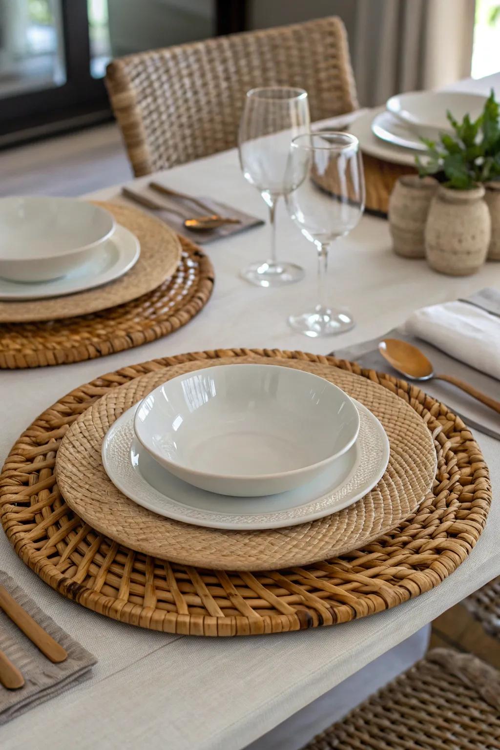 Textured rattan charger plates add visual interest.