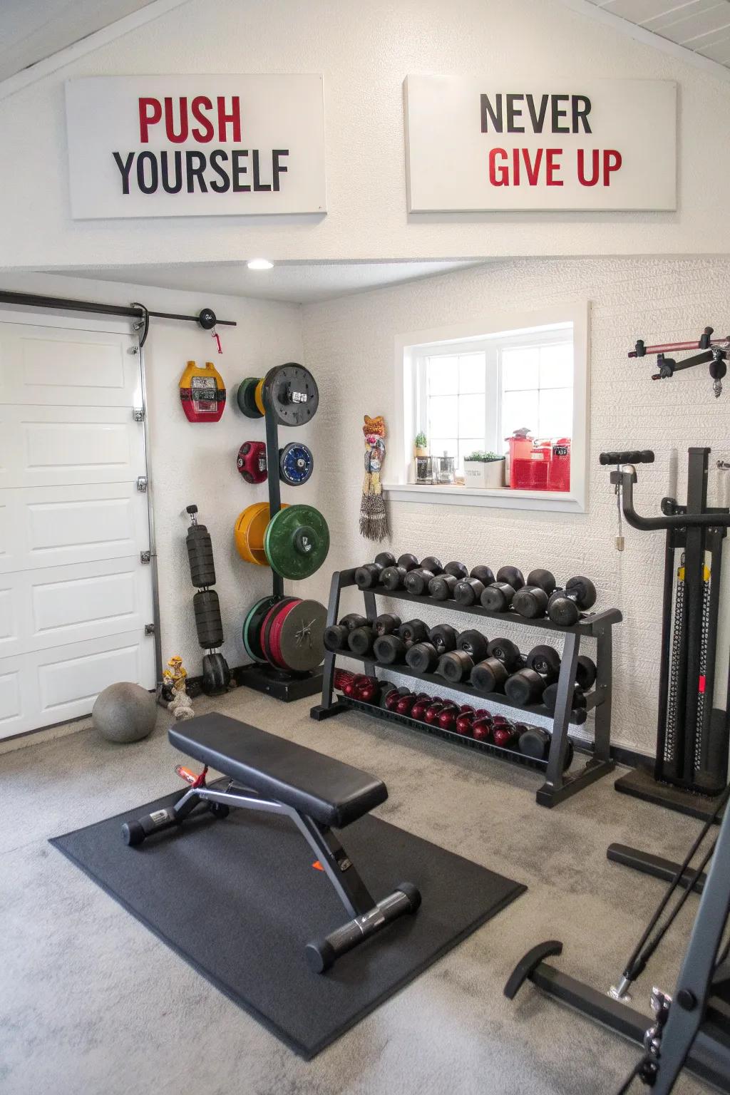 A personalized home gym with decor and quotes, offering daily motivation and inspiration.