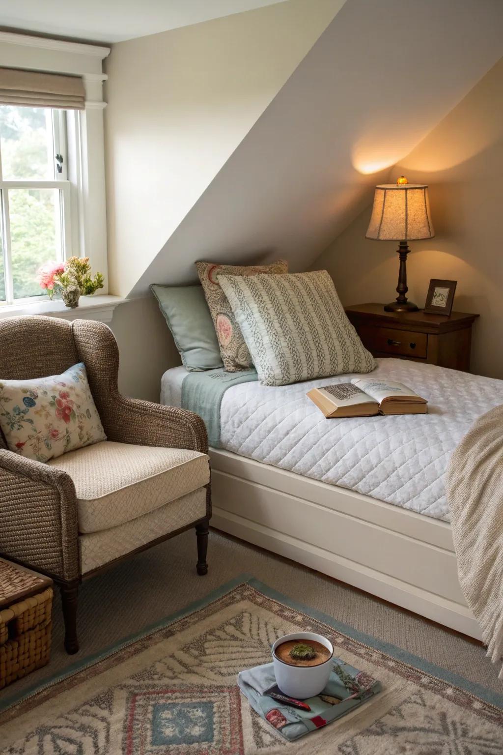 A reading nook adds charm and function to a diagonal bed layout.