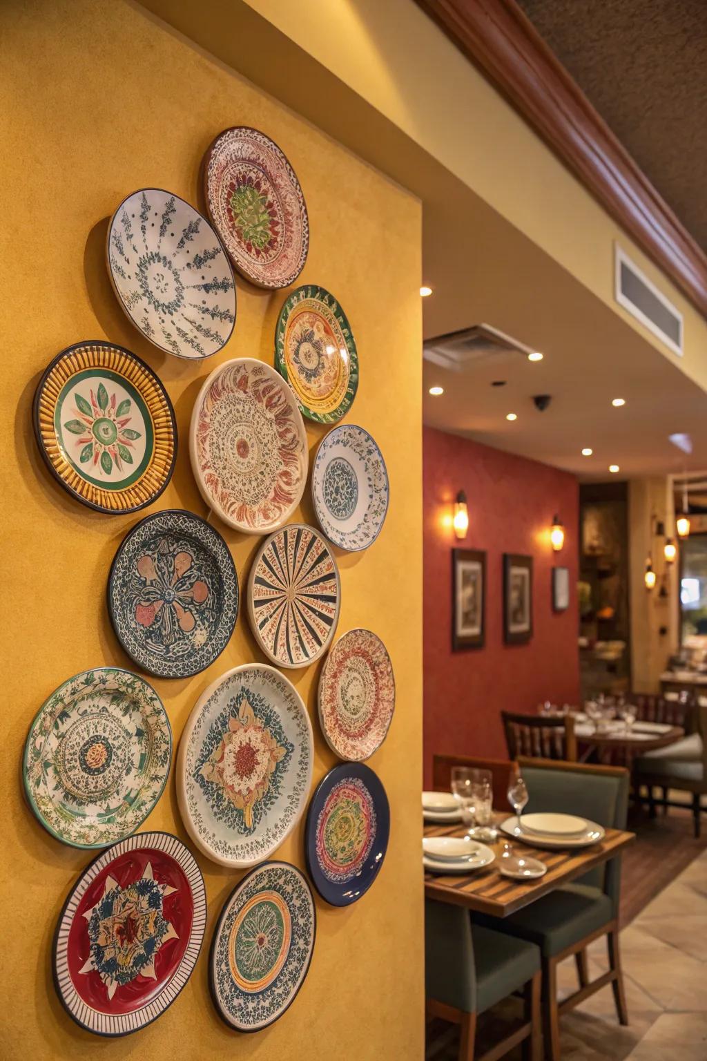 Plate mosaics transform walls into artistic focal points.