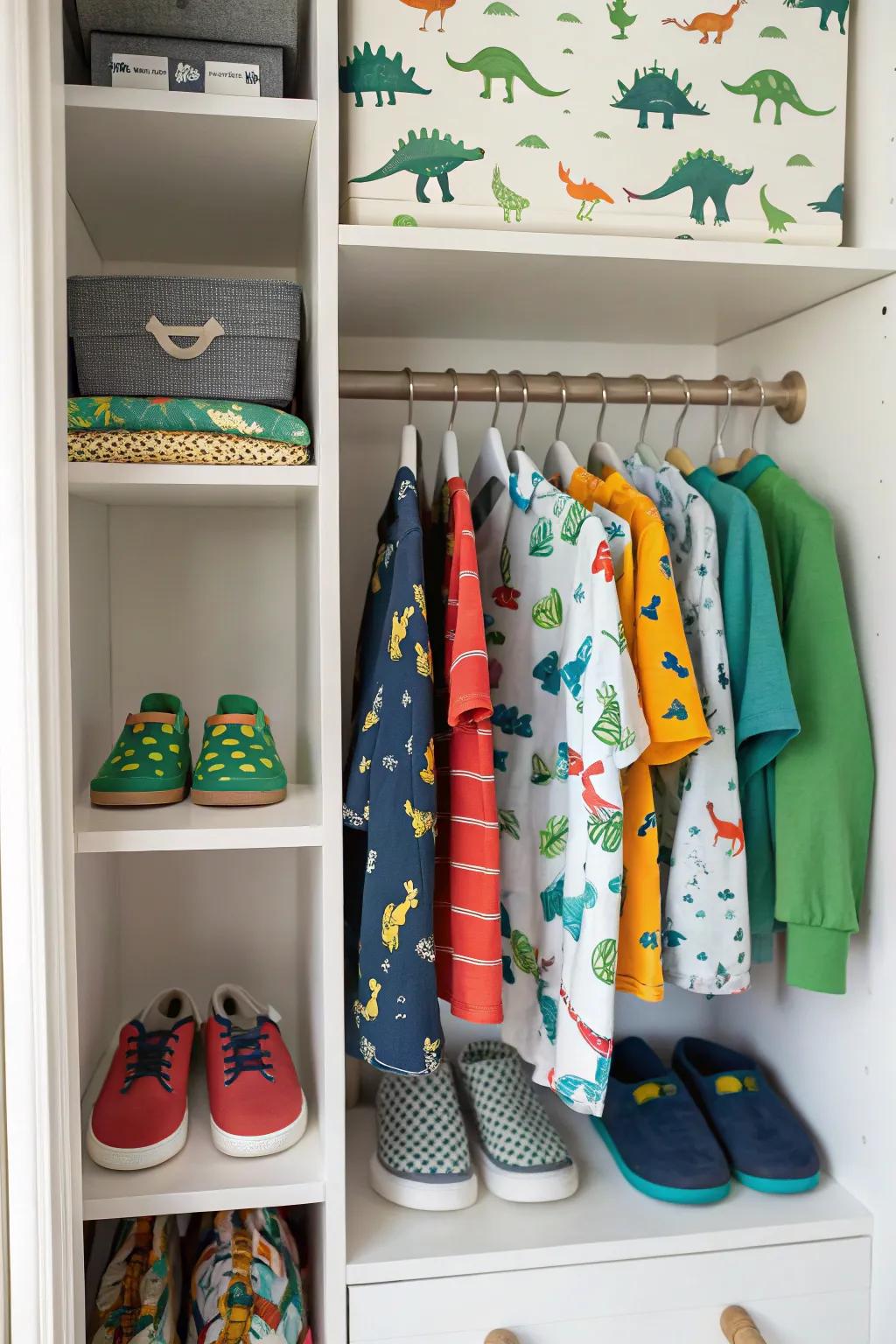 A dinosaur-themed closet organizer bringing order to chaos.