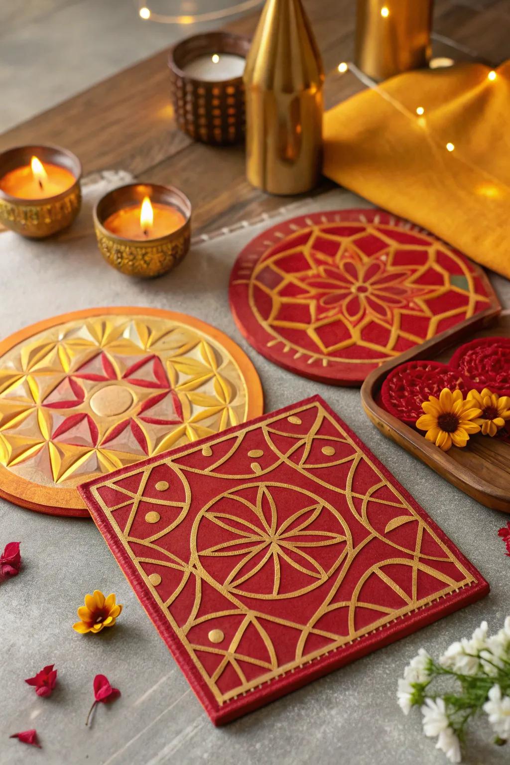 Vibrant trivets with geometric patterns add style and protect surfaces on the Diwali table.