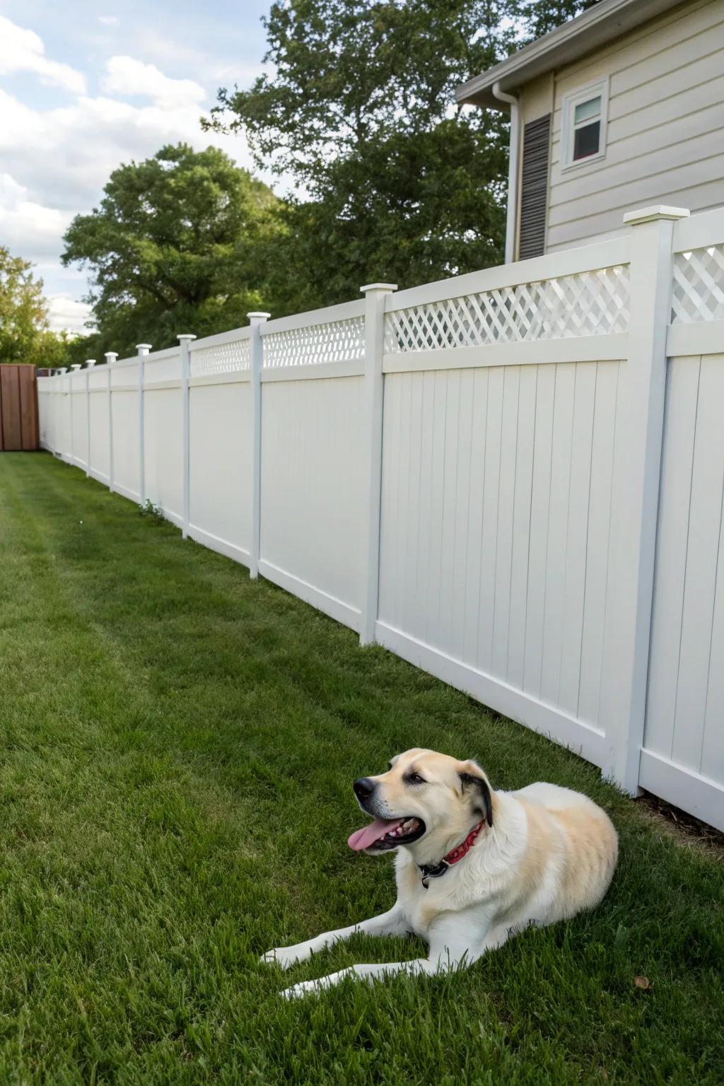 A durable PVC fence offering privacy and low maintenance.