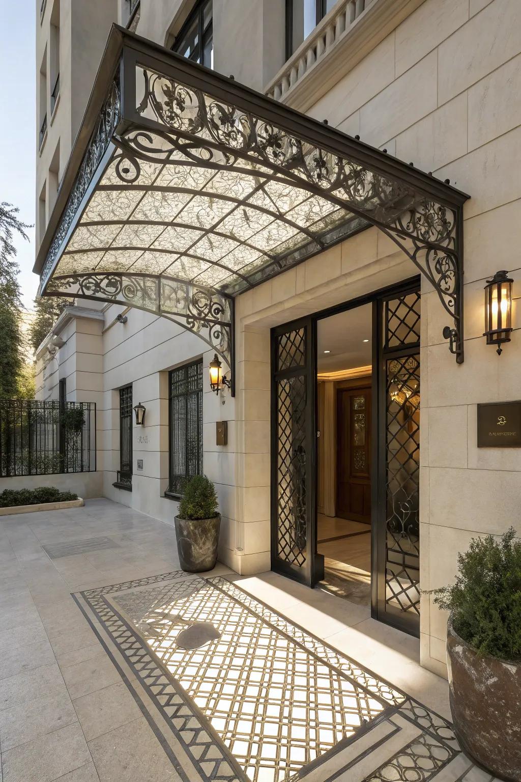 A decorative metal grille awning that combines art and functionality.