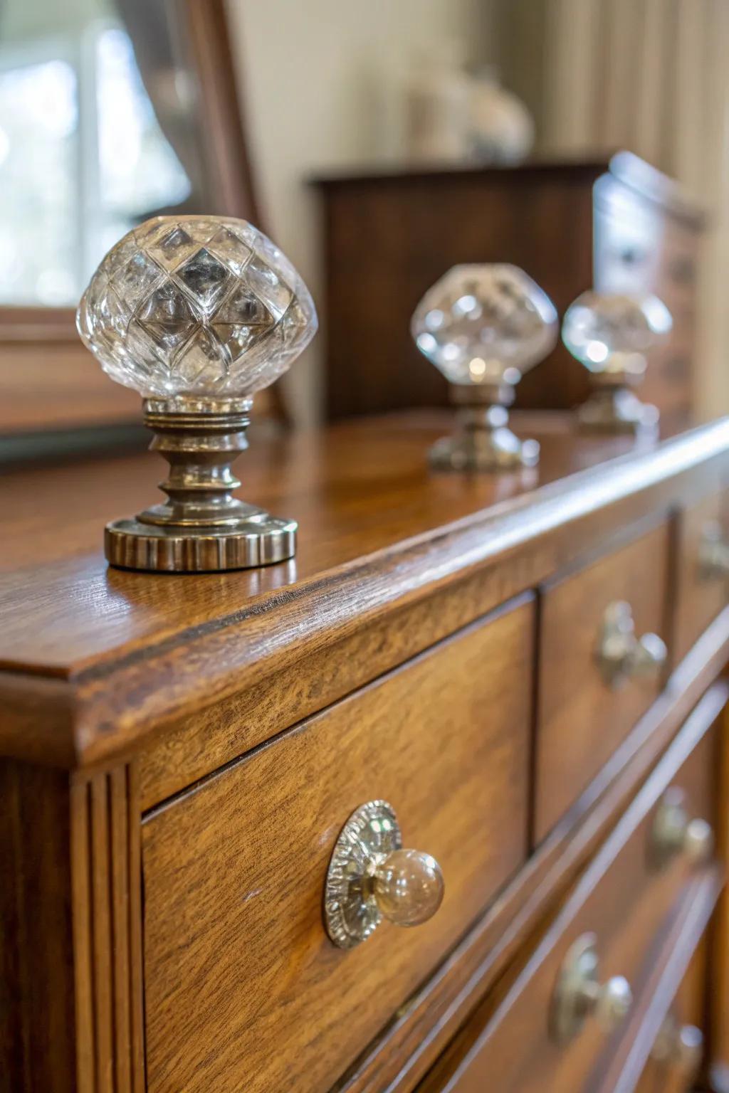 Glass knobs bring vintage glamour to any piece.