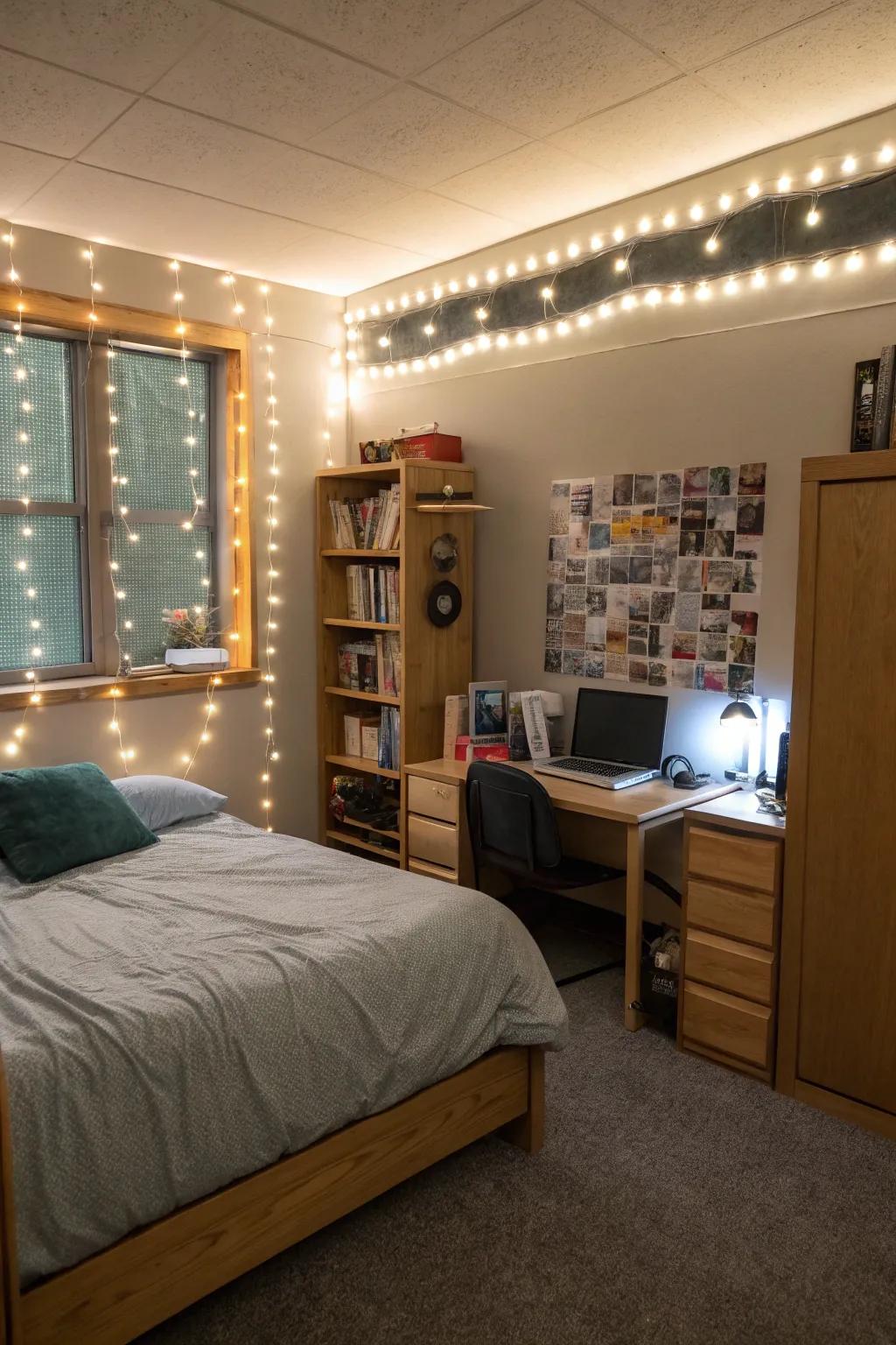 Creative lighting solutions in a dorm room, enhancing the atmosphere.