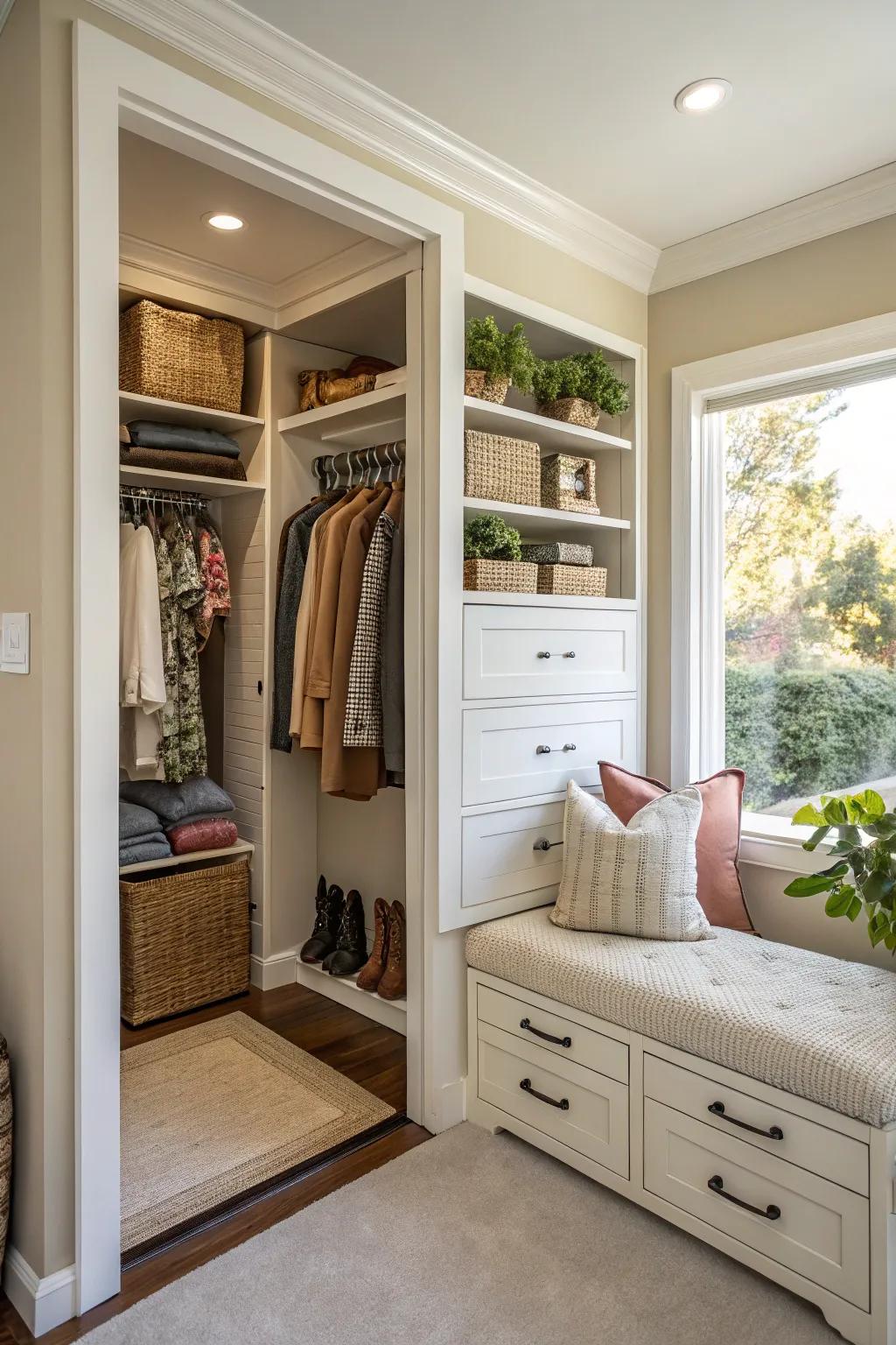 A seating area within a double closet offers comfort and style.