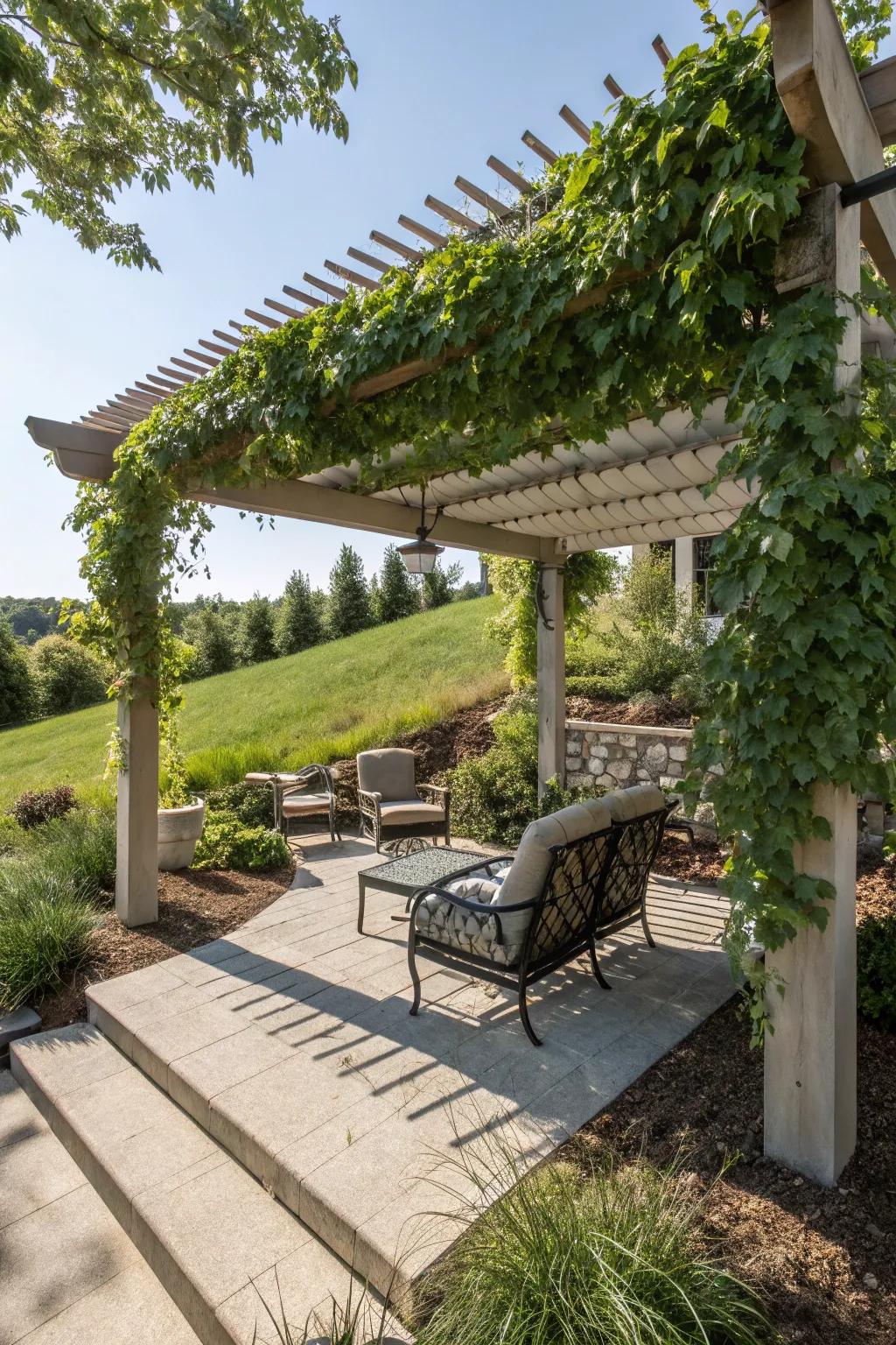 Pergolas offer shade and style to your sloped backyard seating areas.