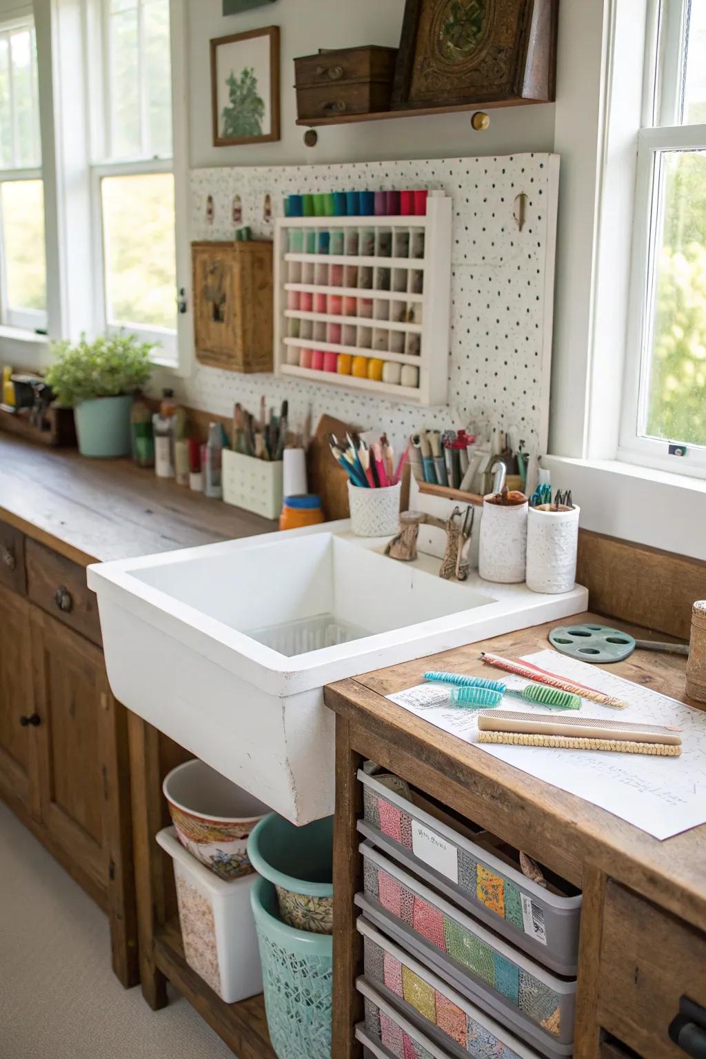 A crafting station created from a versatile dry sink.