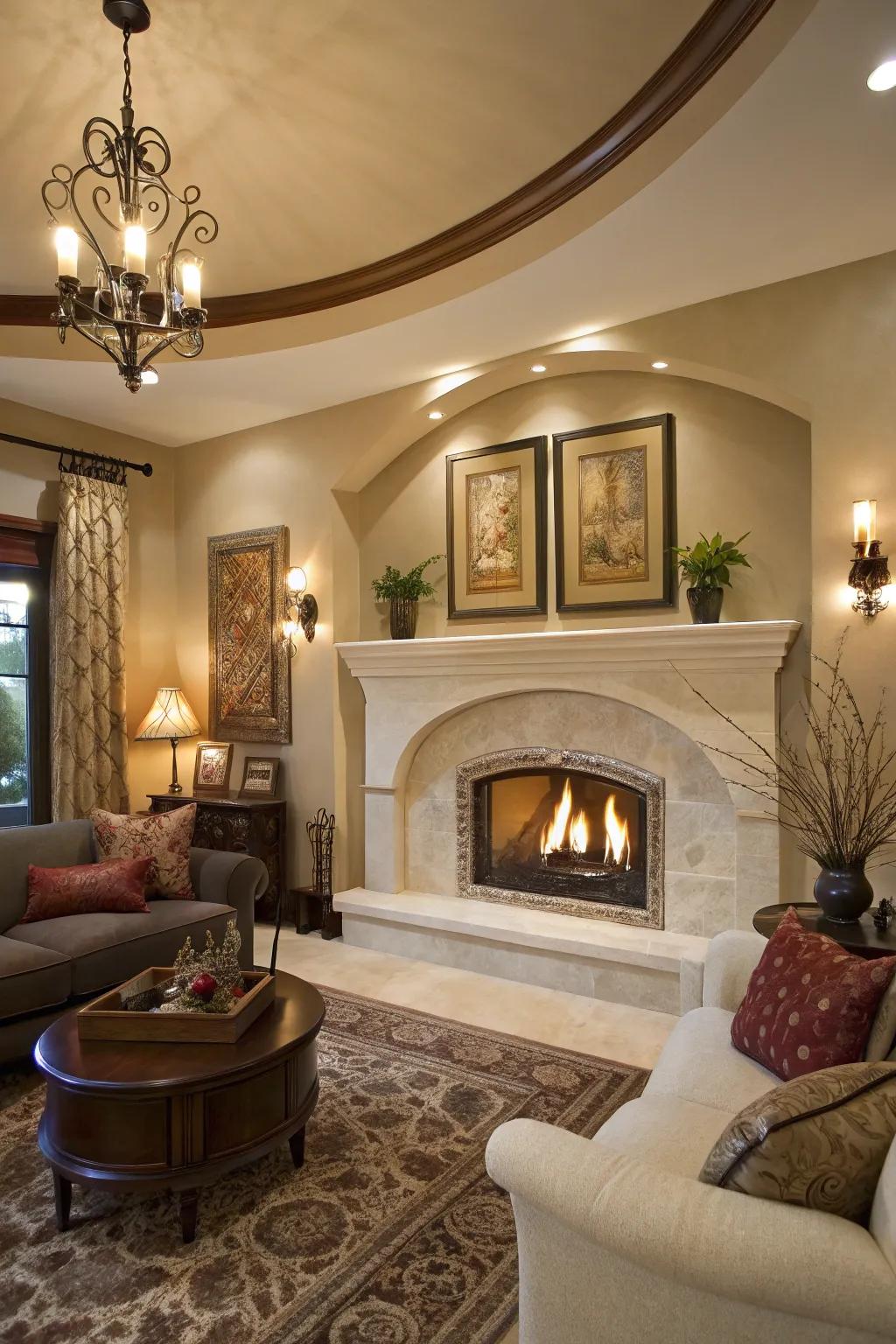 Curves add a touch of elegance to a drywall fireplace.