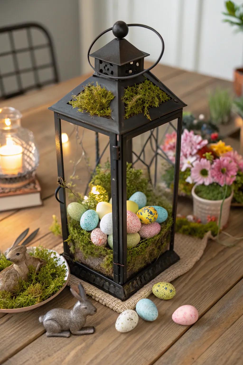 Moss provides an earthy foundation for your lantern's contents.