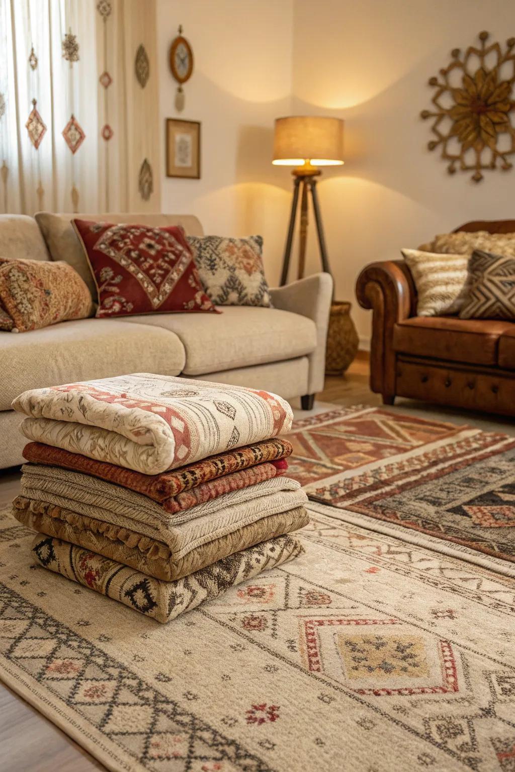 Layered textures create a rich and inviting space.