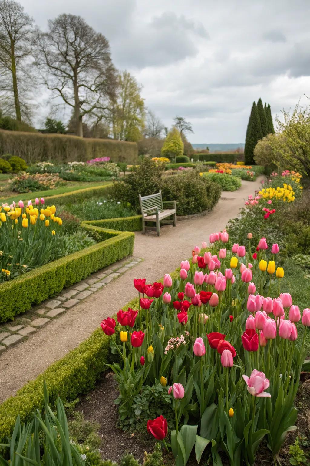 Seasonal plantings keep the garden vibrant year-round.