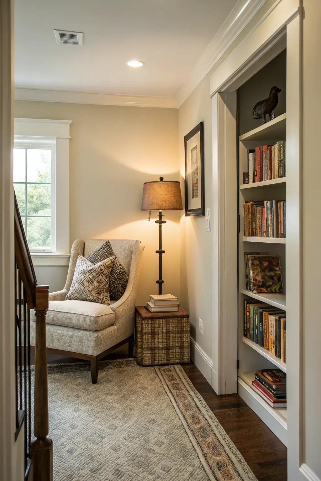 A cozy reading nook adds a charming retreat to the entry hallway.