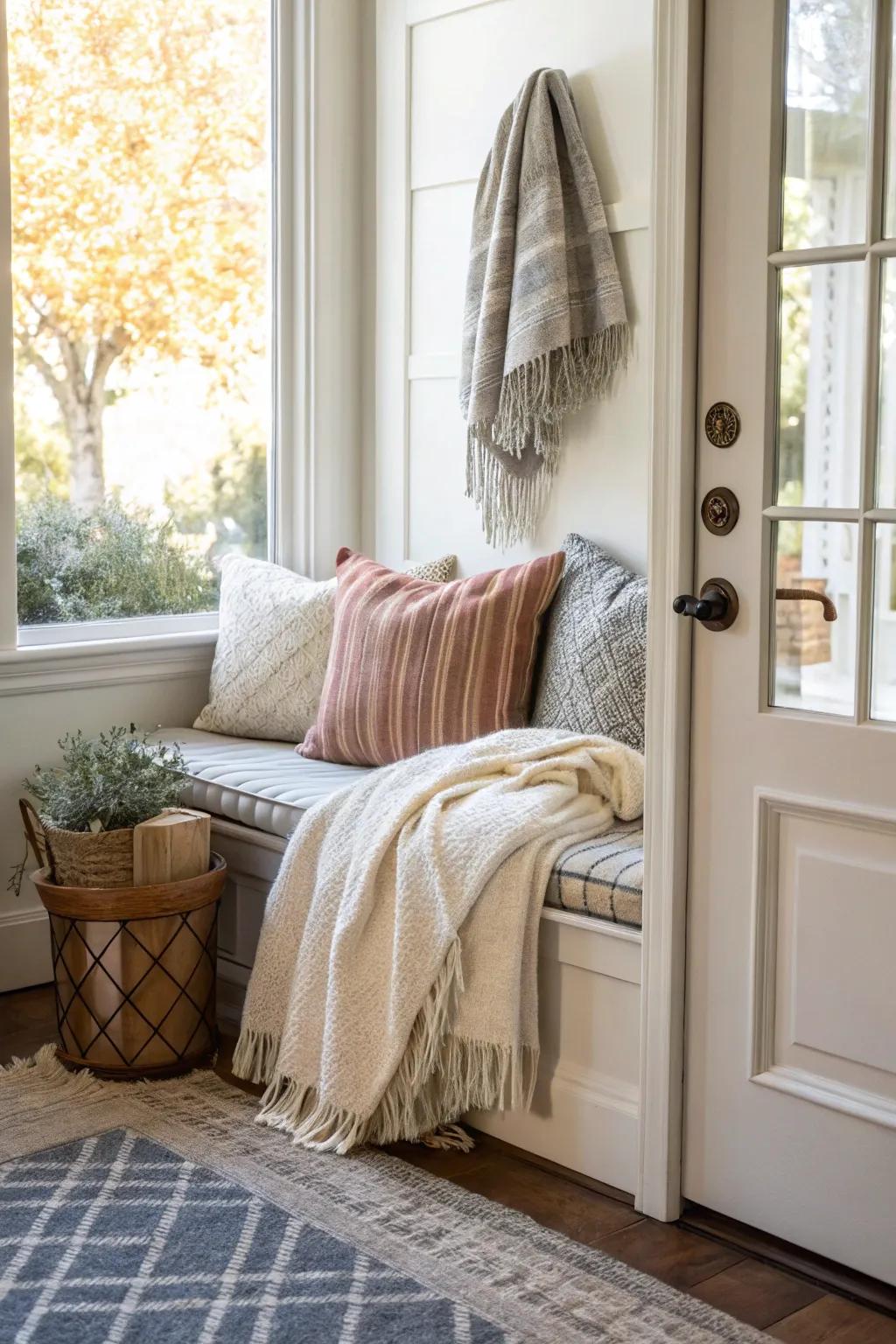 Soft throws add texture and warmth to this inviting entryway bench.