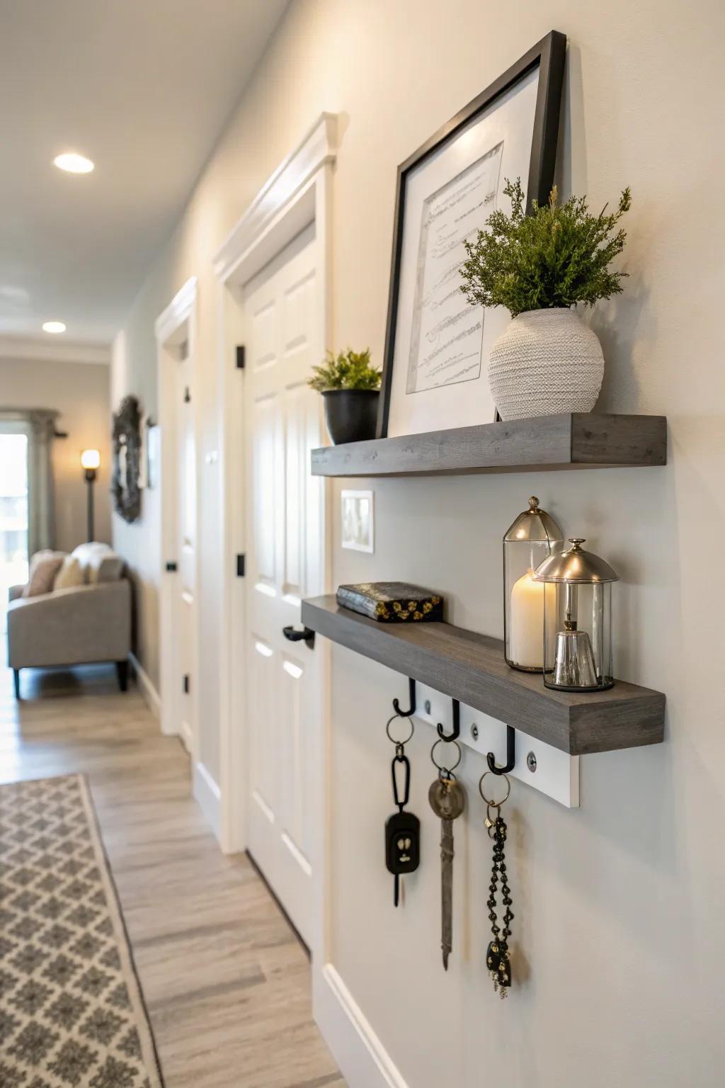 Floating shelves offer minimalist storage solutions.