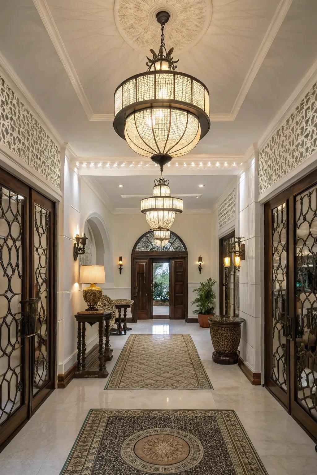 An entryway featuring contemporary lighting in a traditional setting for a unique design.