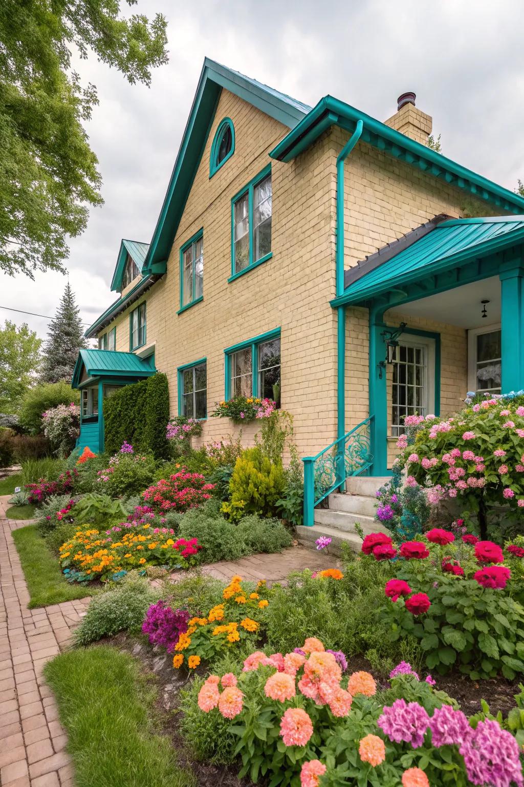 Teal accents add vibrancy to light brick.