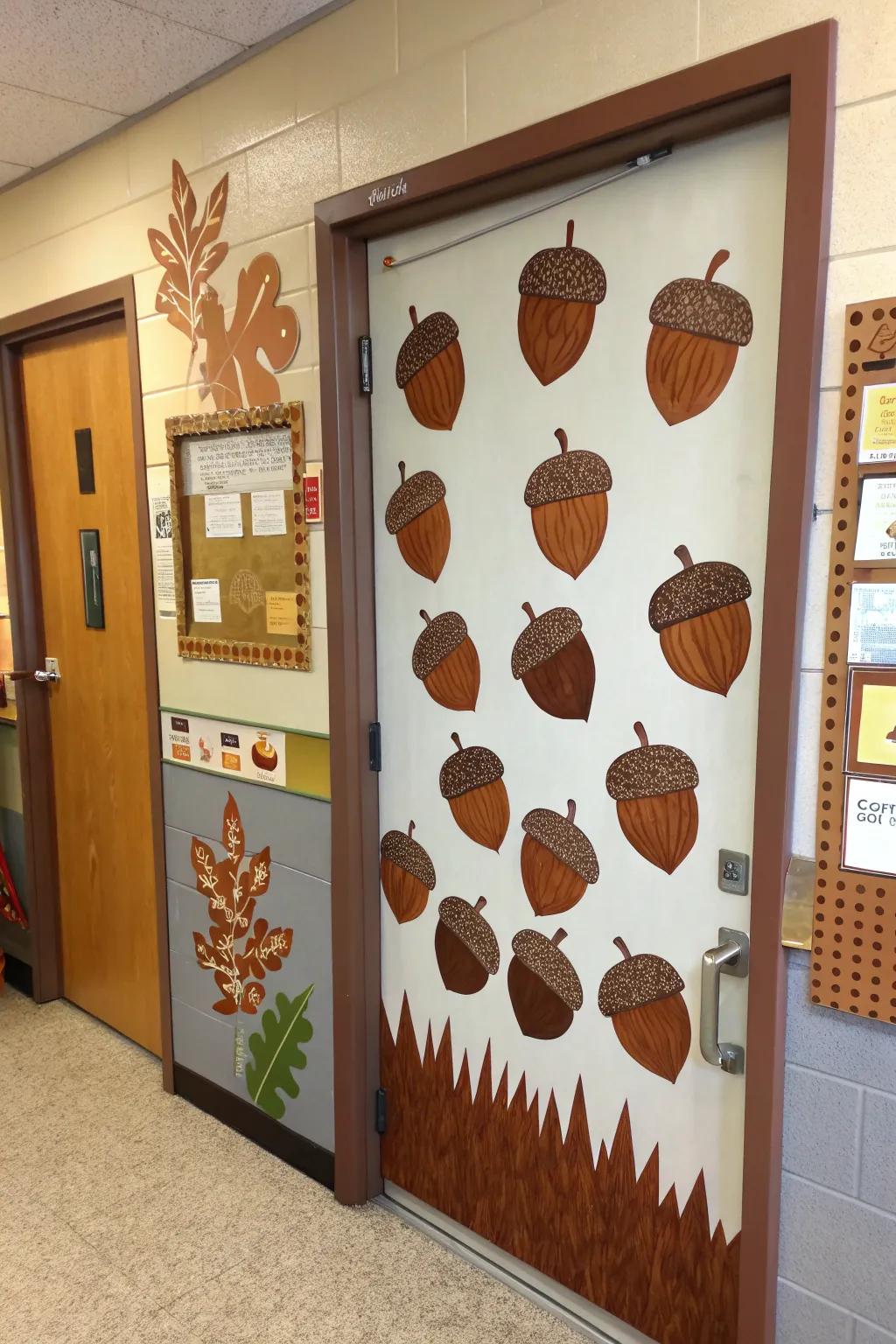 Whimsical acorn door decor with tactile elements.