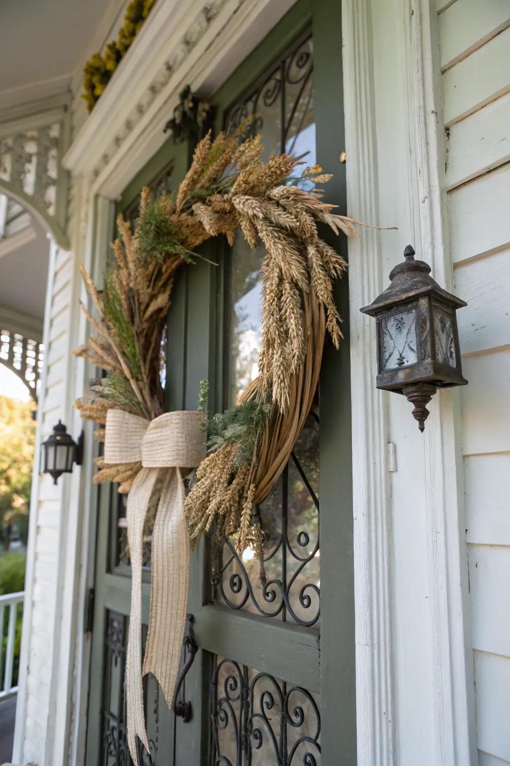 Vintage ribbon and wheat create a timeless fall wreath.