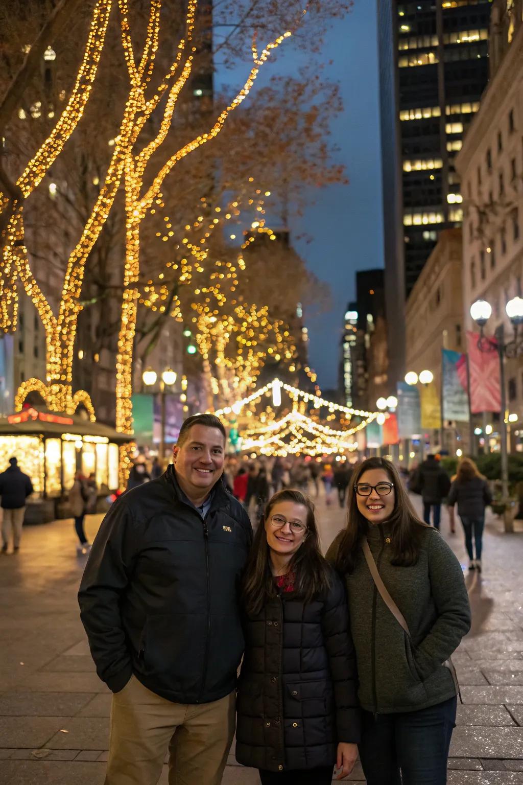 Capture the festive city atmosphere with a backdrop of twinkling lights.