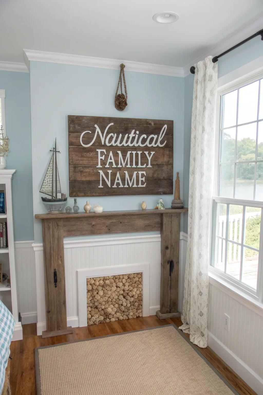 A nautical-themed family name sign enhancing a coastal room's decor.