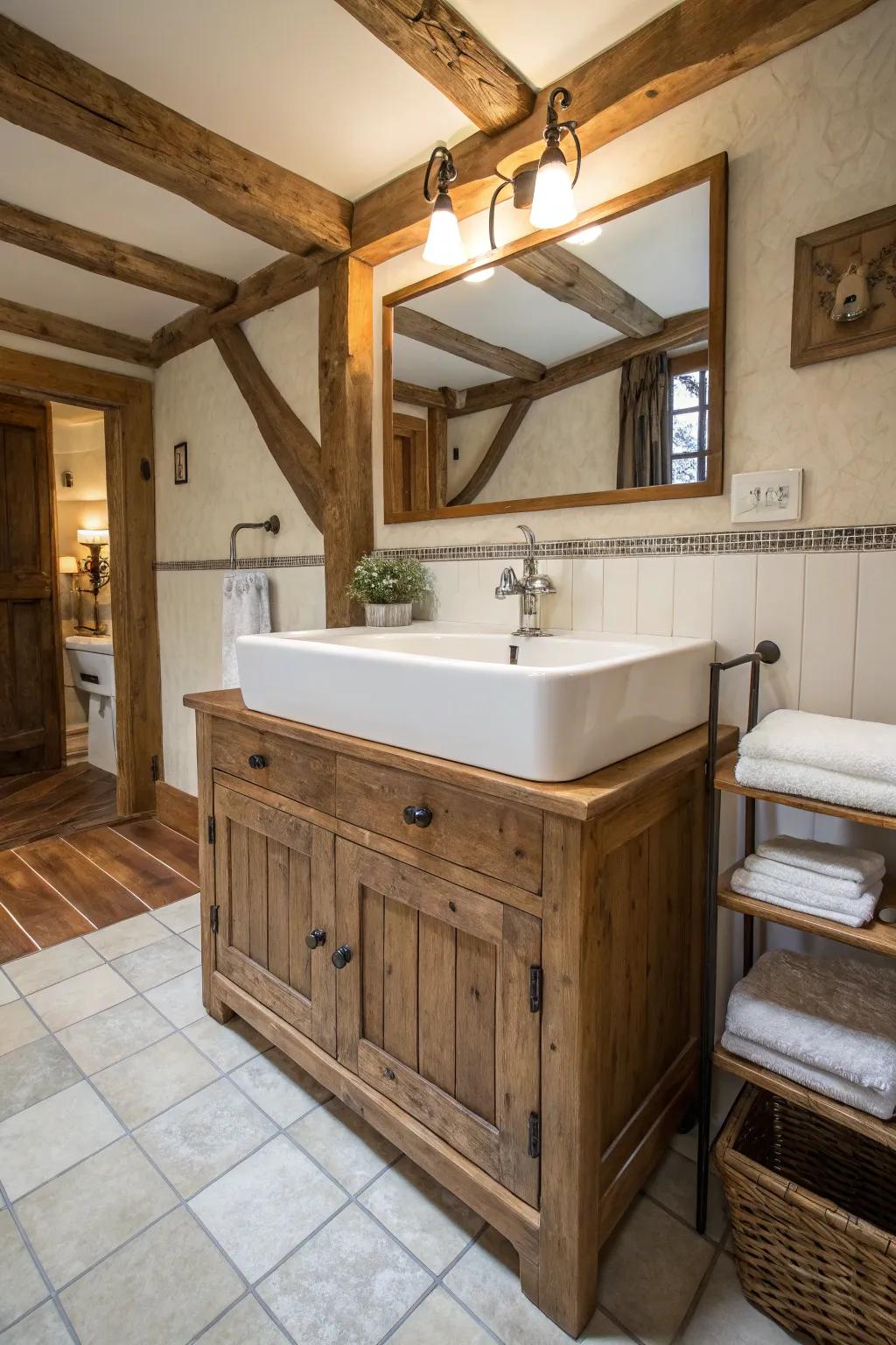 A farmhouse sink adds both practicality and charm to the bathroom.