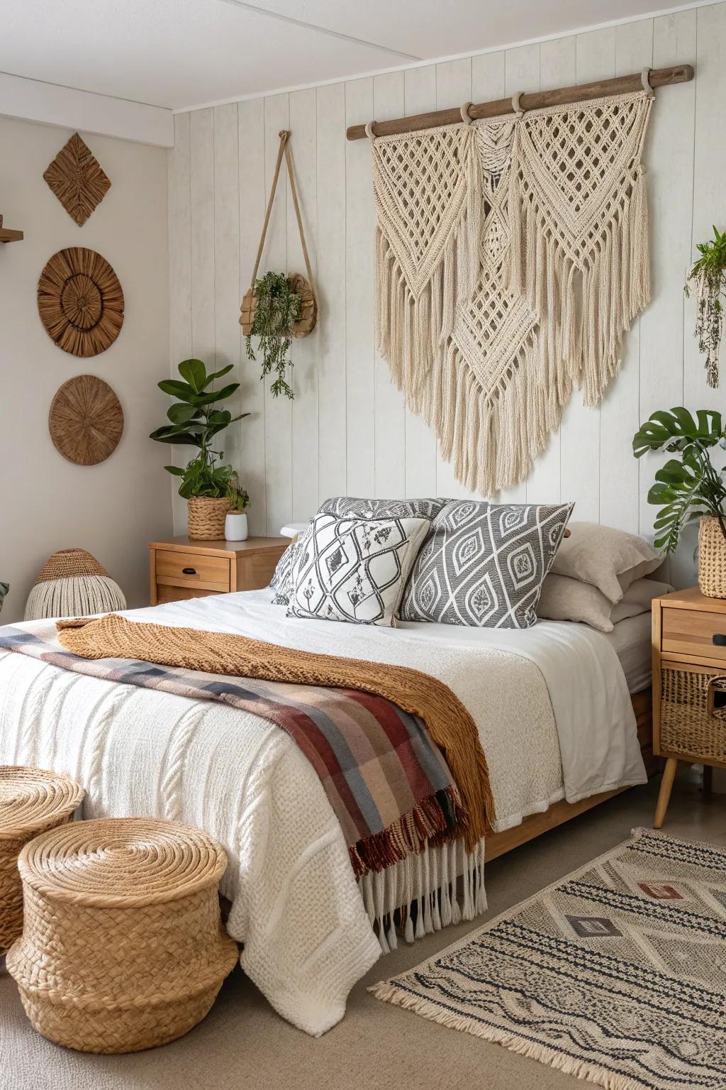 Macramé wall art offers bohemian elegance.