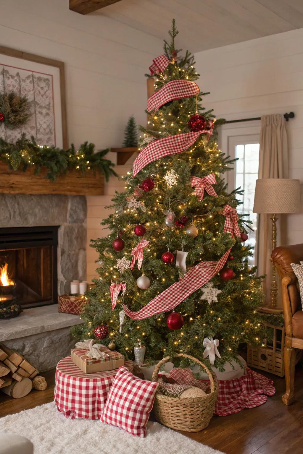 Fabric wraps add layers of interest and warmth to this Christmas tree.