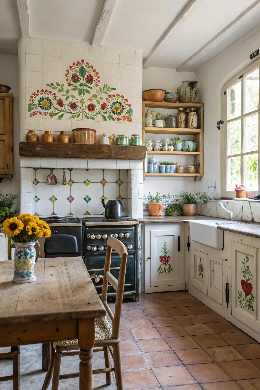 A farmhouse kitchen featuring a hand-painted tile backsplash.