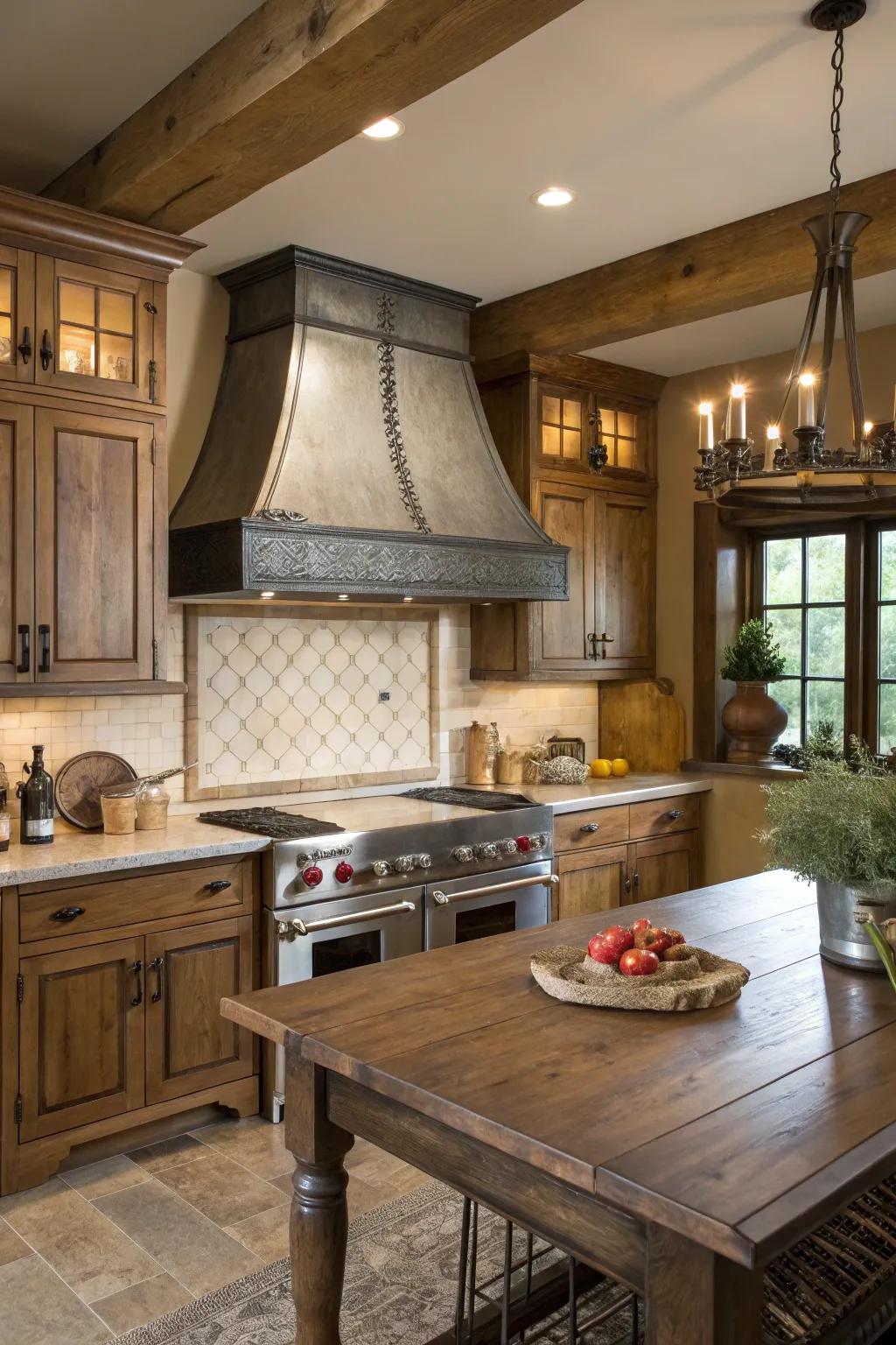 A farmhouse kitchen featuring a custom metal range hood.