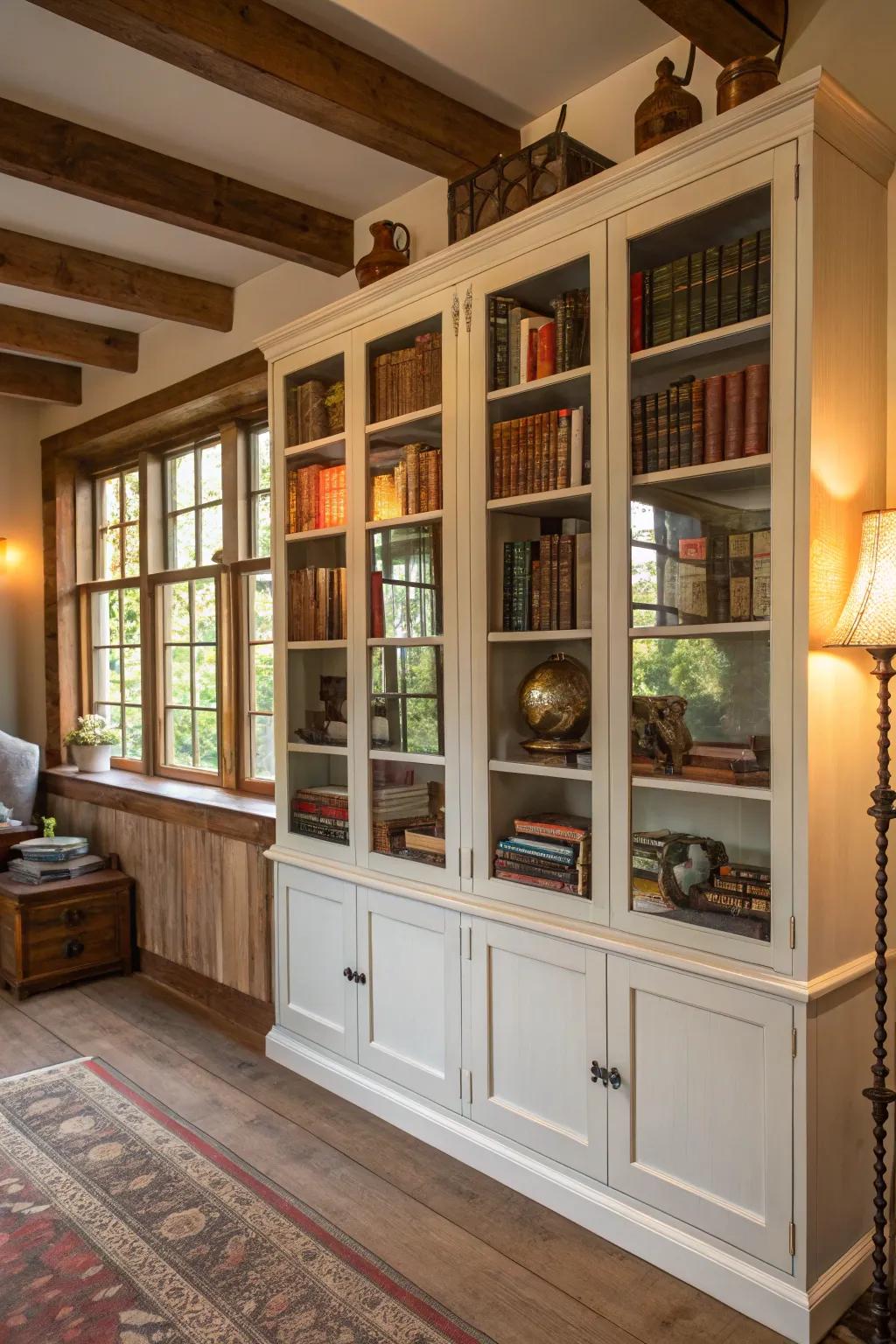 Glass-front cabinets help organize and display books and collectibles beautifully.