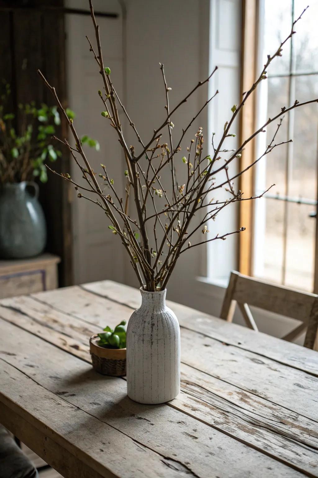 Natural branches and twigs offer an organic and minimalist centerpiece.