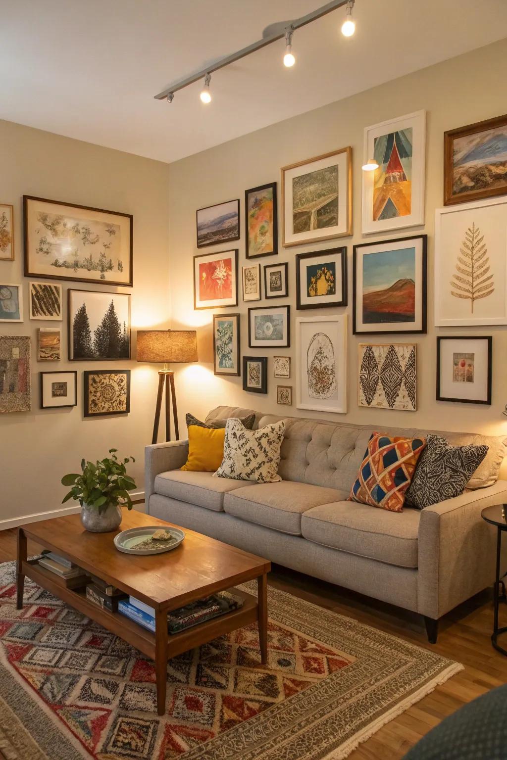 A living room featuring diverse and expressive wall art pieces.