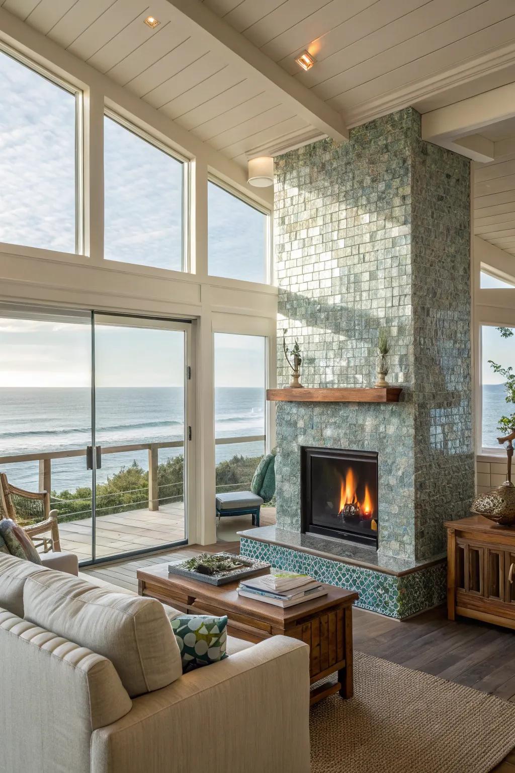 A coastal living room featuring a fireplace with shimmering glass mosaic tiles.