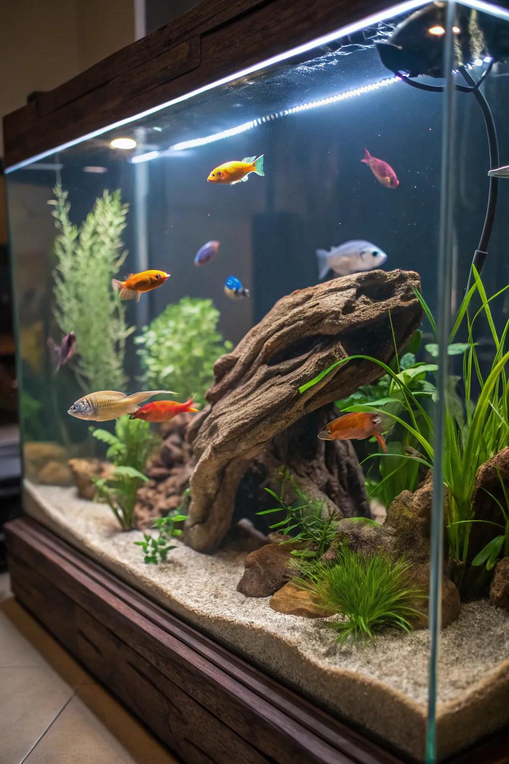 A fish tank with rustic driftwood elements