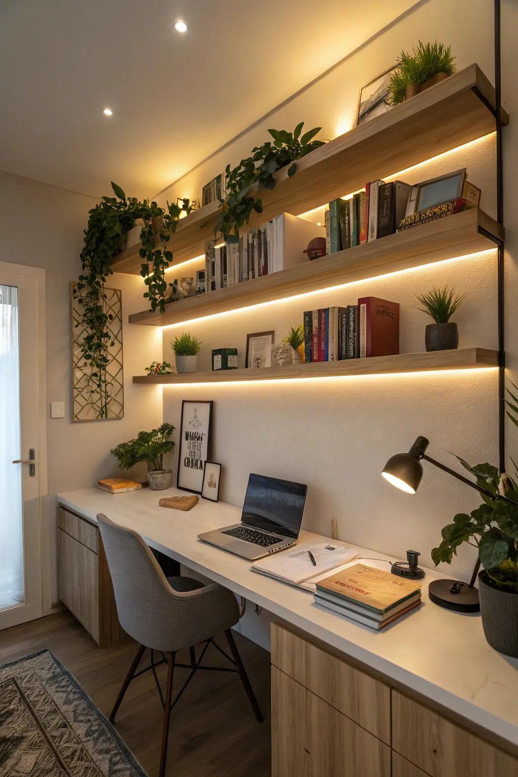 Accent lighting beneath floating shelves adds a warm glow to your workspace.