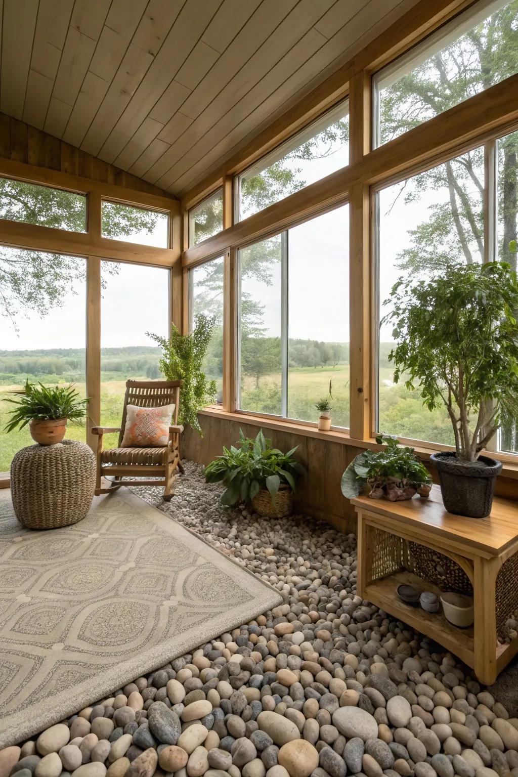 Pebble flooring offers a unique texture and connection to nature.