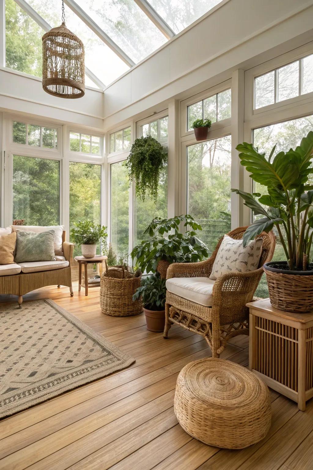 Harmonious sunroom with bamboo flooring.