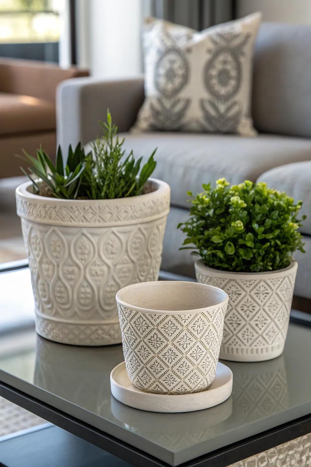 Add unique textures with embossed flower pot designs.