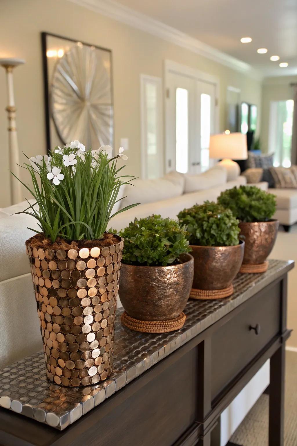 Penny-covered flower pots offering a unique metallic sheen.