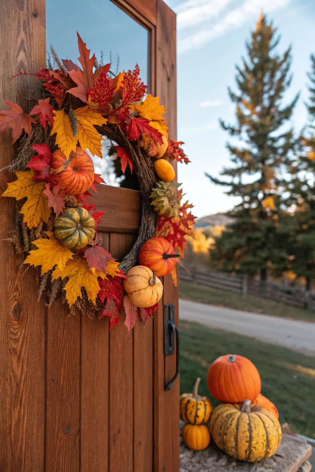 An autumn harvest wreath celebrating the colors and abundance of fall.